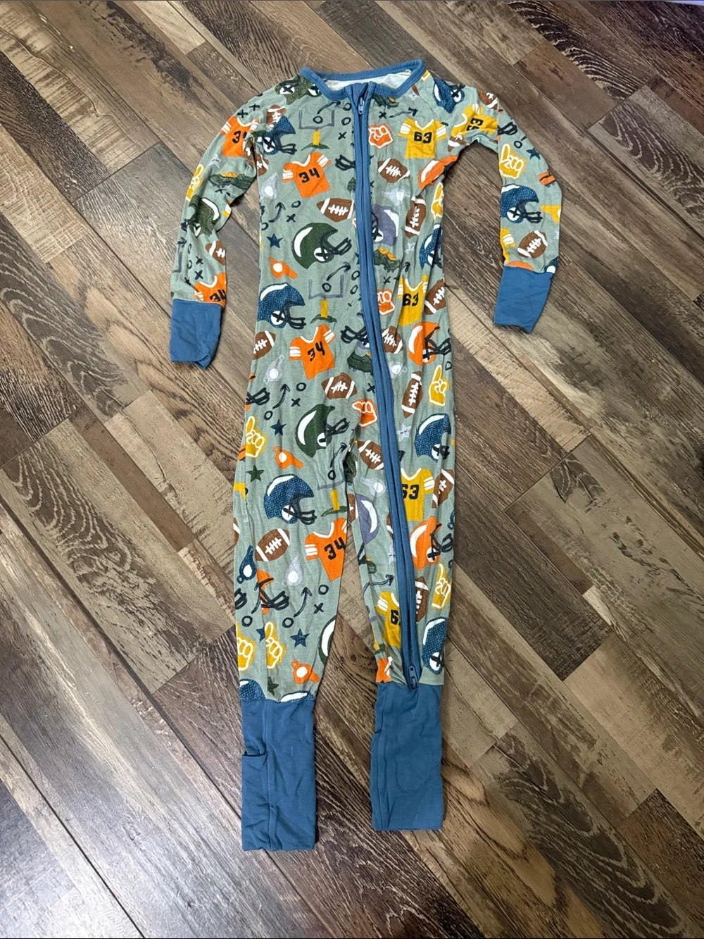 Little Sleepies Green Football-Print Footed One-Piece Pajama with Blue Trim